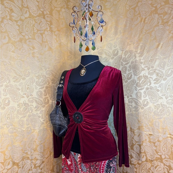 Elementz Tops - ✨Vintage Y2K Whimsigoth Cranberry Velvet Medallion Blouse✨